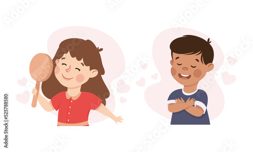 Happy kids love themselves. Boy hugging himself, girl looking at herself in mirror. Self love, acceptance, self care, happiness concept cartoon vector illustration
