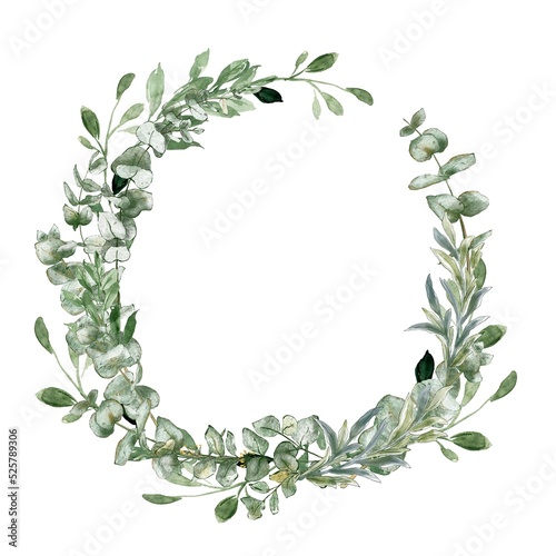 Watercolor Greenery wreath, wedding invitation frame. Rustic greenery wedding decor. Elegante eucalyptus wreath.