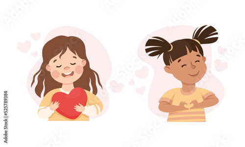 Happy kids love themselves. Girl holding red heart and making hand heart symbol with fingers. Self acceptance, self care, happiness concept cartoon vector illustration