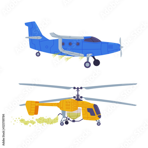 Set of agricultural airplanes. Helicopter and biplane spraying pesticides and fertilizers, side view flat vector illustration on white