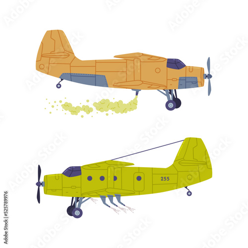 Set of agricultural airplanes. Biplanes spraying pesticides and fertilizers, side view flat vector illustration