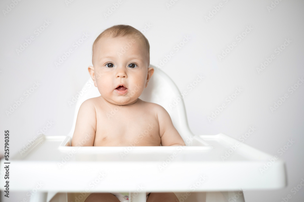 Cute Baby sits in a highchair. Space for text. Lifestyle