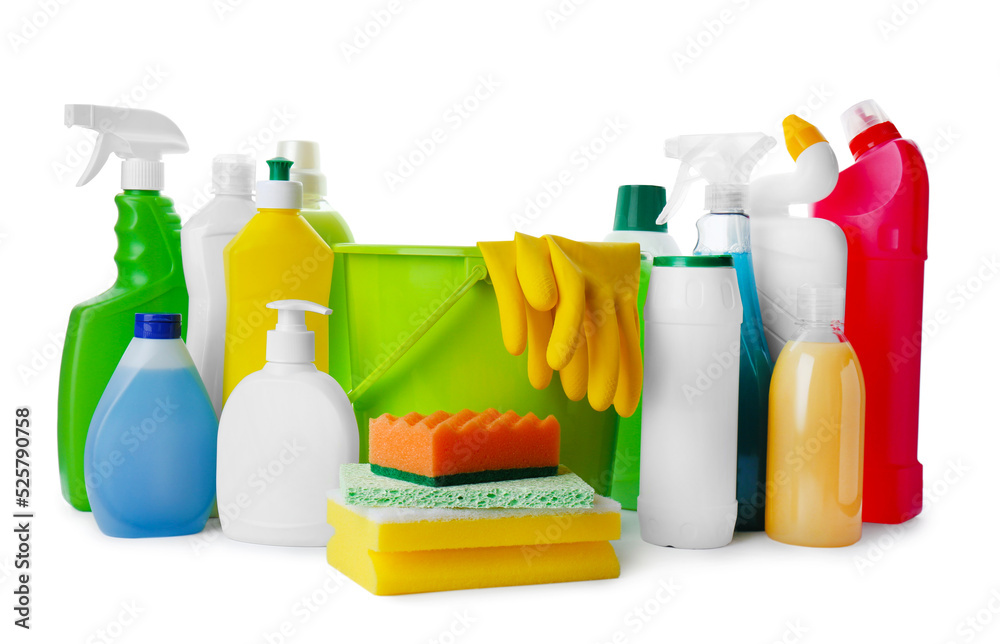 Set of different cleaning supplies on white background Set of different cleaning supplies on white background