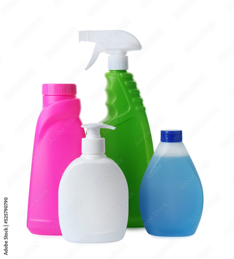 Bottles with different detergents on white background. Cleaning supplies Bottles with different detergents on white background. Cleaning supplies