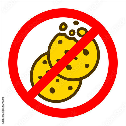 Crossed-out biscuit. Red prohibition sign. Stop cookies. No cookies symbol. It is forbidden to eat crumbs. Ban litter. Stop sweet icons.