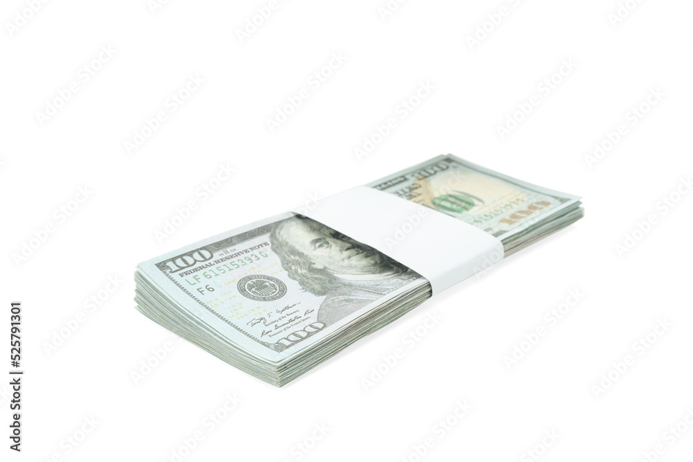 Bundle of dollar banknotes isolated on white. American national currency Bundle of dollar banknotes isolated on white. American national currency