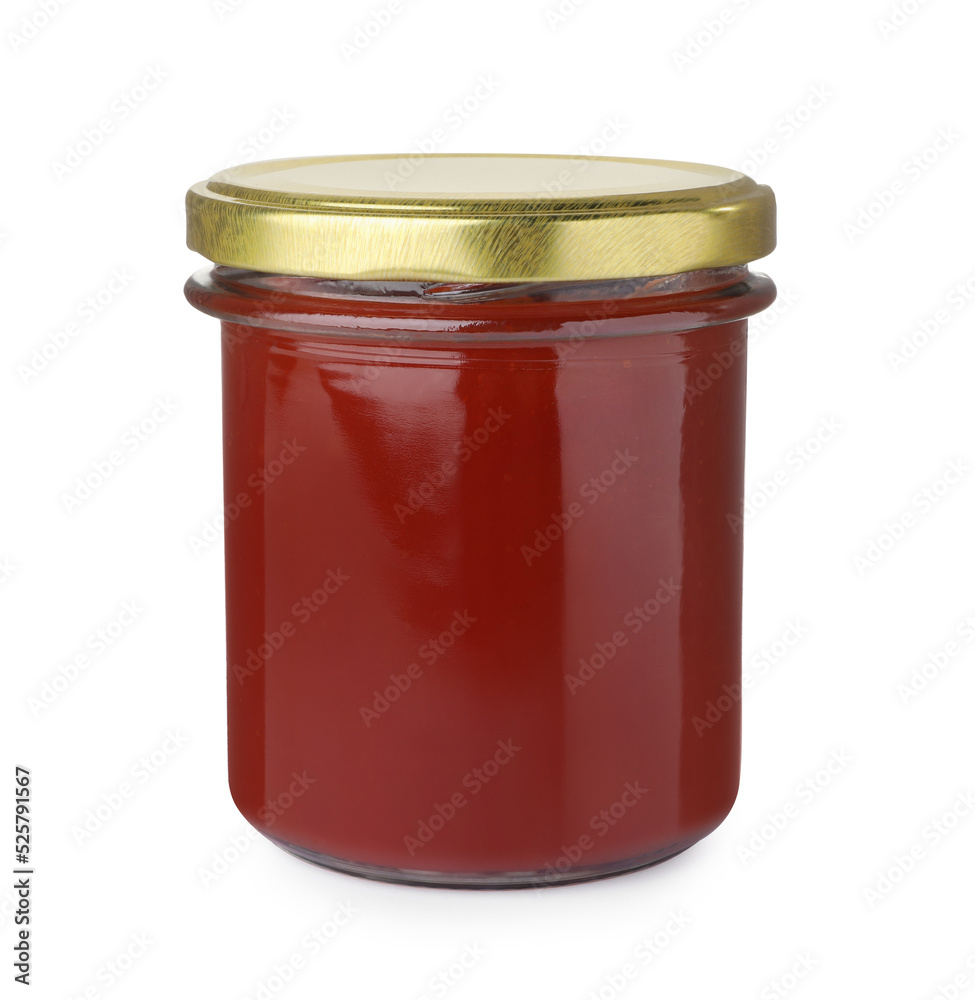 Glass jar of delicious ketchup isolated on white Glass jar of delicious ketchup isolated on white