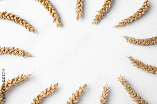 Frame of wheat on white background, flat lay. Space for text
