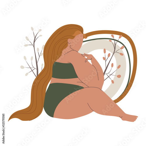 Body positive woman sitting vector illustration.