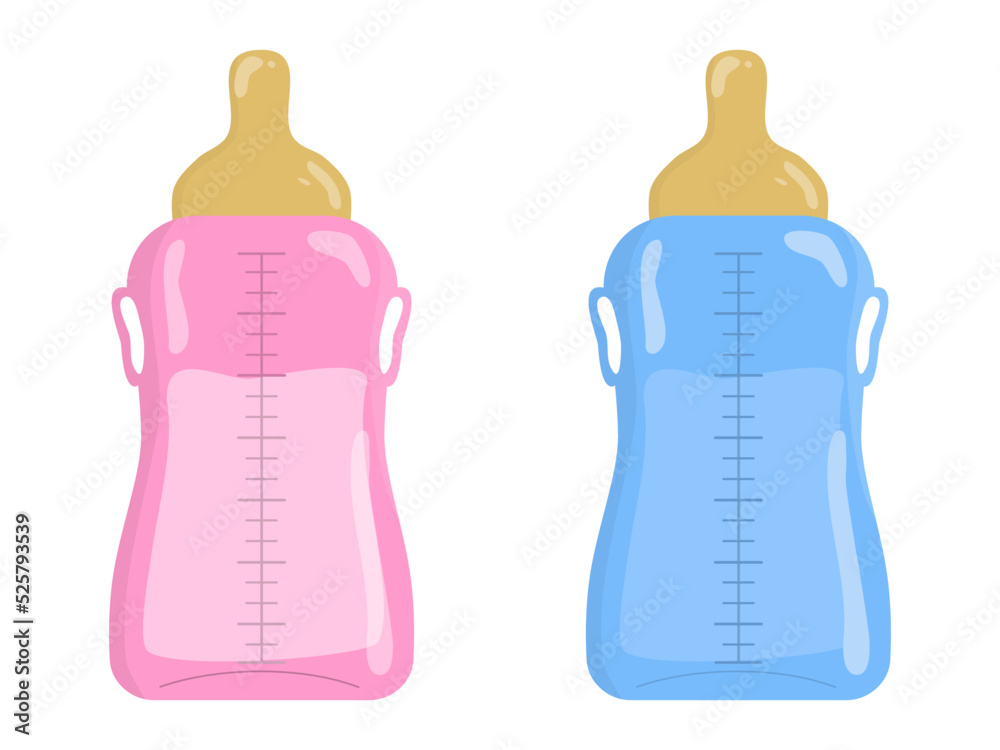 Baby feeding bottles. Bottle with a nipple for a newborn. Blue and pink bottle. Motherhood. Flat style vector illustration