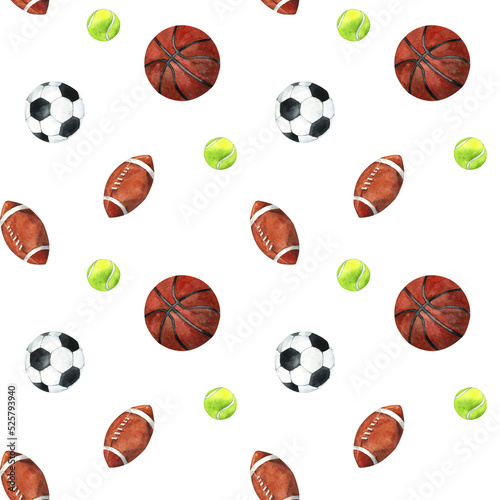 Realistic sports balls seamless pattern. Watercolor illustration balls for football  rugby  tennis  basketball.  Isolated on white. Hand drawing.