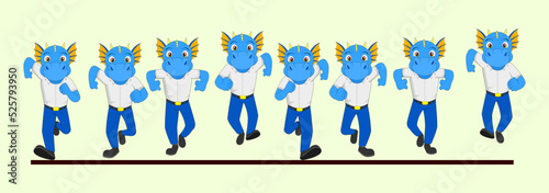 Blue Dragon in School Dress frame by frame running pose Vector illustration. Rare animal Run Cycle designer for 2D Animation, Motion Graphics, Animated poster, eLearning