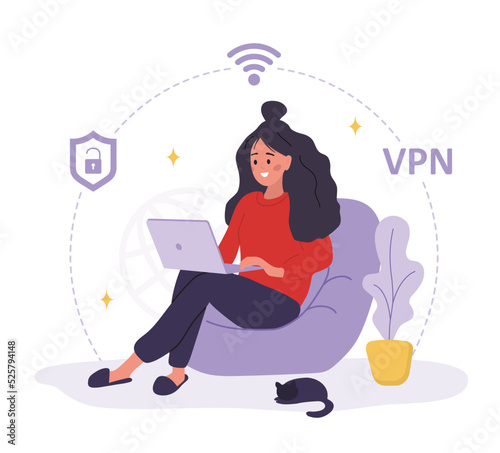 VPN service. Woman using private network for protect personal data. Protection of DNS and IP addresses. Database security software. Vector illustration in flat cartoon style.