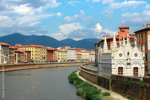 Beautiful landscape of the city of Pisa in Tuscany on a summer clear sunny day, Italy. Church of Santa Maria della Spina 
