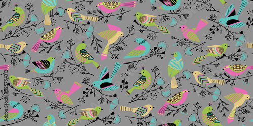 Seamless Birds Design Pattern With Gray Background