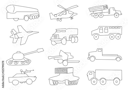 Military equipment: tank, helicopter, fighter, gun, artillery 