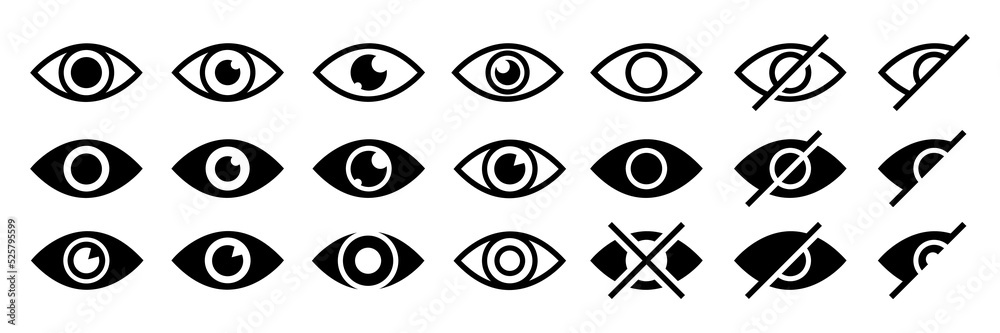 Eye icon set. Look and vision outline symbols. Open and close eye icons isolated on white background. Vector illustration.