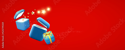 3D opened gift boxes with shining stars. Bonus, win and gift concept. Christmas gifts.