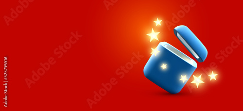 3D opened gift boxes with shining stars. Bonus, win and gift concept. Christmas gifts.
