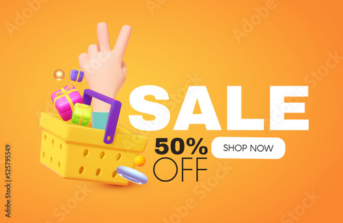 Cool Sale design template with shopping bascet, gift boxes and victory gesture. V sign. Spectial offer render space. photo