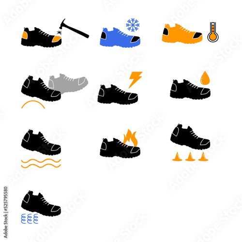 Characteristics of safety shoes hand drawn icons.