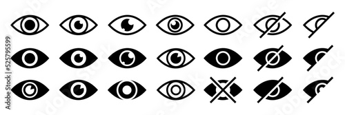 Eye icon set. Look and vision outline symbols. Open and close eye icons isolated on white background. Vector illustration.