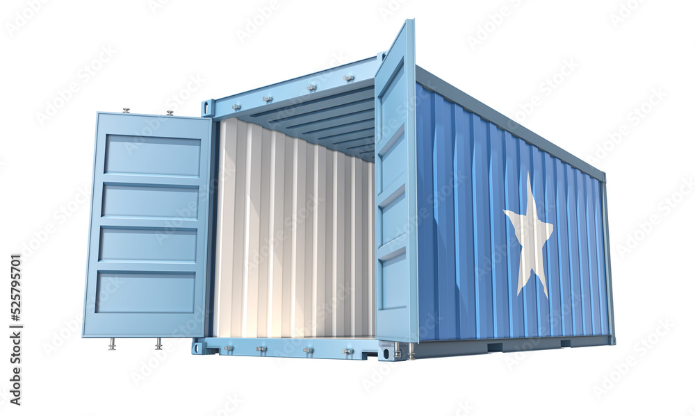 Cargo Container with open doors and Somalia national flag design. 3D Rendering Cargo Container with open doors and Somalia national flag design. 3D Rendering