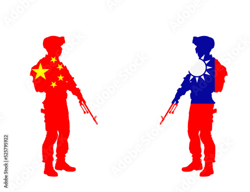 PRC China flag soldier against  Taiwan flag soldier vector silhouette illustration isolated on white background. National symbol, conflict situation on East. Soldier with rifle against enemy on border
