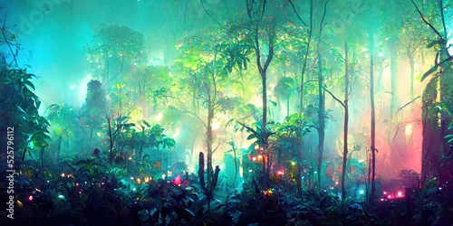 Fantasy foggy jungle under neon light illustration