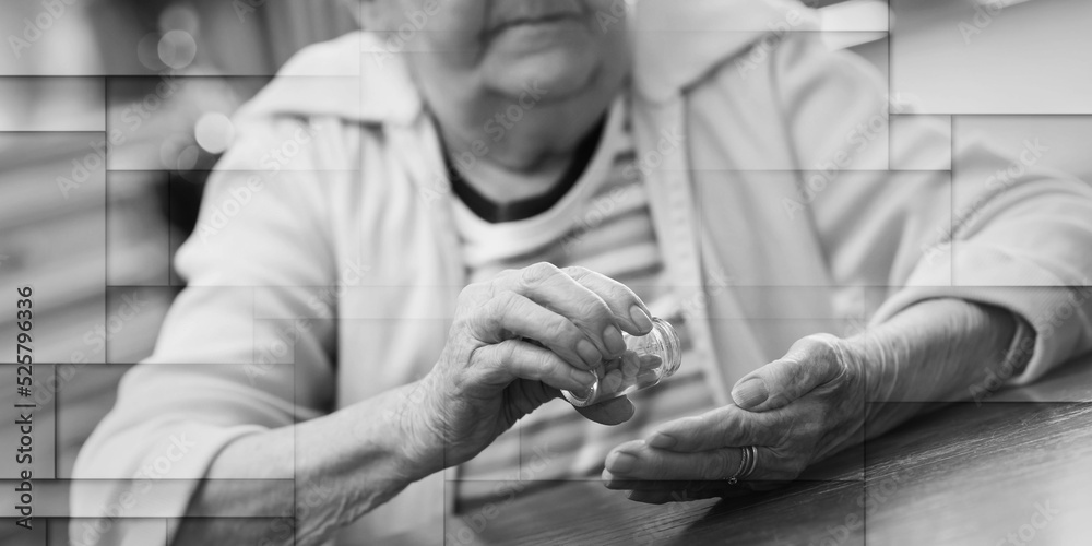 Elderly woman taking her medicine, geometric pattern
