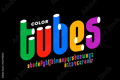 Color tubes font, alphabet letters and numbers vector illustration
