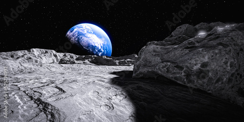 Fototapeta Naklejka Na Ścianę i Meble -  3d illustration. View of the planet Earth from the surface of the Moon.
