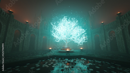 Fotografia 3d illustration tree glow in the mist in the middle of the castle