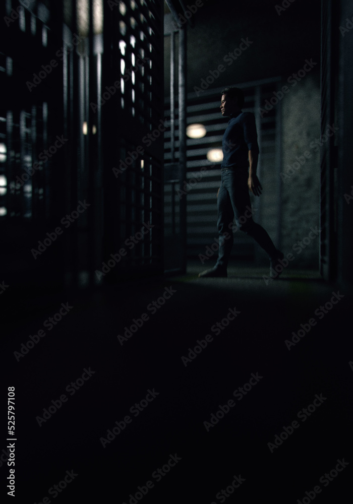 Prisoner walks towards his cell in dark cell block. 3D render. Prisoner walks towards his cell in dark cell block. 3D render.
