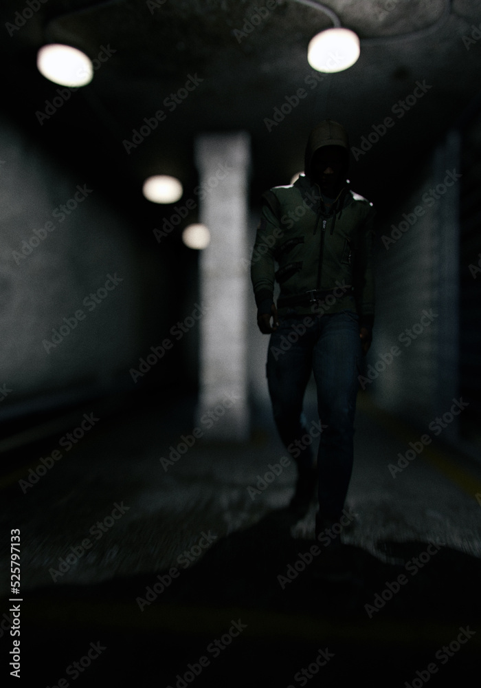 Man in hoodie walks in dark prison. 3D render.