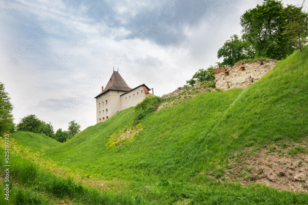 Remains of the Halych Castle on a green hill at summer day in Ukraine