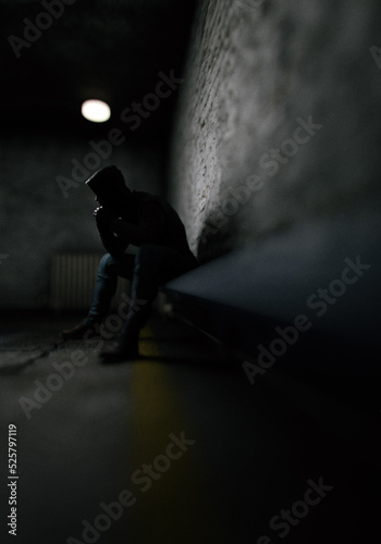 Man in hoodie sits on bench in dark prison. 3D render.