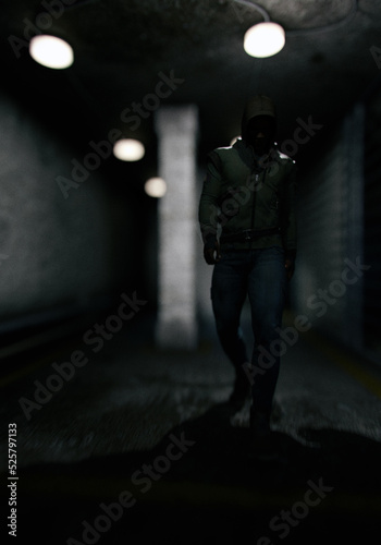 Man in hoodie walks in dark prison. 3D render.