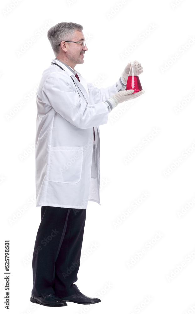 smiling medic holds a flask with the test results. smiling medic holds a flask with the test results.