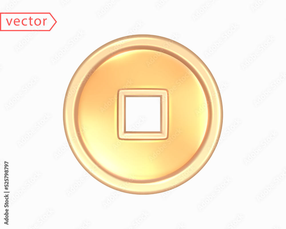 Ancient old gold coin of China with a square hole. Realistic 3D mocap design element. Object isolated on white background. Vector Icon Ancient old gold coin of China with a square hole. Realistic 3D mocap design element. Object isolated on white background. Vector Icon