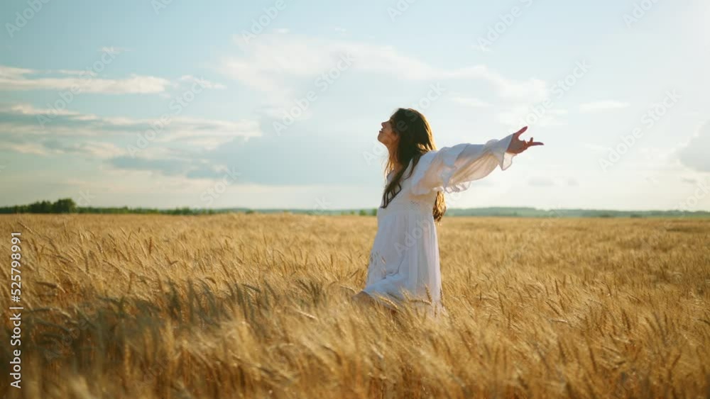 inspired young woman is walking alone on golden rye field in summer, admiring agricultural landscape inspired young woman is walking alone on golden rye field in summer, admiring agricultural landscape