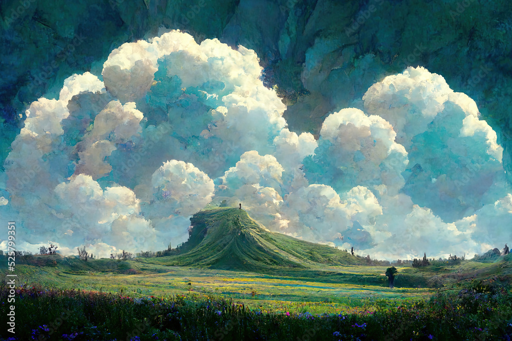 Mountain, Grass, Valley and Plain. Fantasy Backdrop. Concept Art