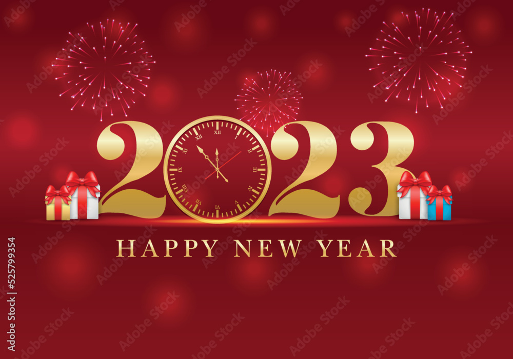 Happy new year 2023. New year celebration with a fireworks rocket launch from the open gift box and 3D number Happy new year 2023. New year celebration with a fireworks rocket launch from the open gift box and 3D number