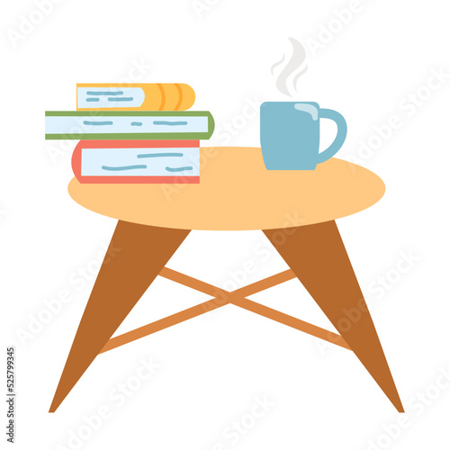 Small table with a stack of books and a cup of coffee or tea in cartoon flat style. vector illustration of interior furniture, cozy home