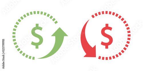 Cost rise up icon. Money rotation. Dollar up and down sign. Currency exchange.  Arrow icon. Vector element isolated.
