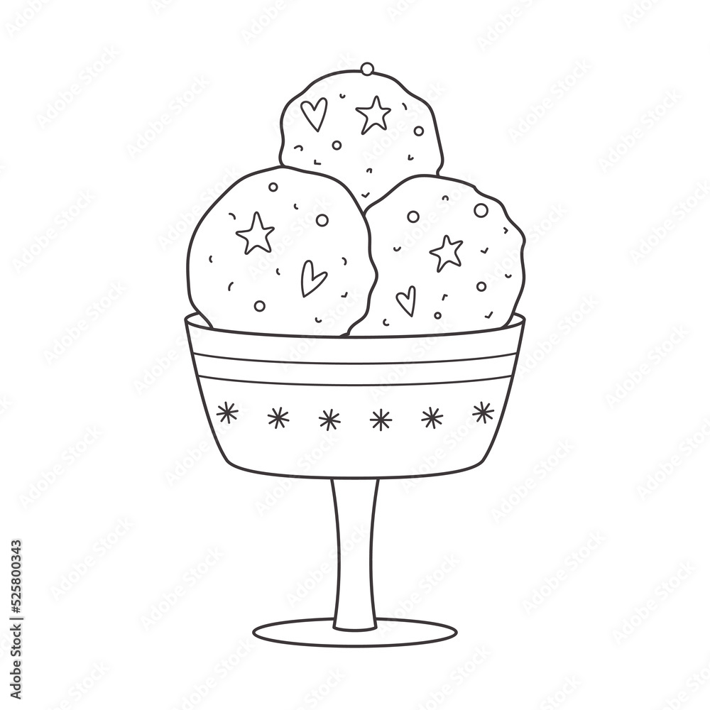 Outline Ice cream balls with sprinkles in a cream bowl with snowflakes. Dairy cold dessert. Seasonal sweet food. Black and white doodle hand drawn Vector illustration isolated on white. Outline Ice cream balls with sprinkles in a cream bowl with snowflakes. Dairy cold dessert. Seasonal sweet food. Black and white doodle hand drawn Vector illustration isolated on white.
