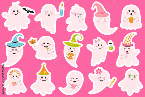 Cute pink halloween ghosts stickers set. Creepy baby boo characters for kids. Magic scary spirits with different emotions, facial expressions and accessories.