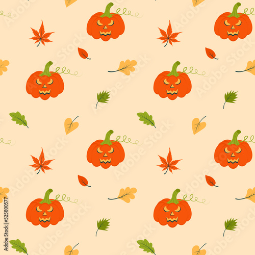 Seamless pattern with halloween pumpkin and autumn leaves. Perfect for wallpaper, gift paper, pattern fills, web page background, autumn greeting cards. Autumn, harvest festival, thanksgiving day, coz