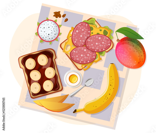Breakfast with fruits, sandwich, egg. Fresh toast bread with cheese, ham, green cabbage. Dinner diet meal, healthy asia hotel menu. Restaurant served napkin, spoon. Isolated flat vector illustration