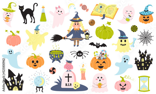 Fototapeta Naklejka Na Ścianę i Meble -  Cute Halloween set with cartoon characters, ghosts, pumpkins and other holiday symbols. Excellent for the design of stickers, postcards, posters, scrapbooking and other. Vector illustration.